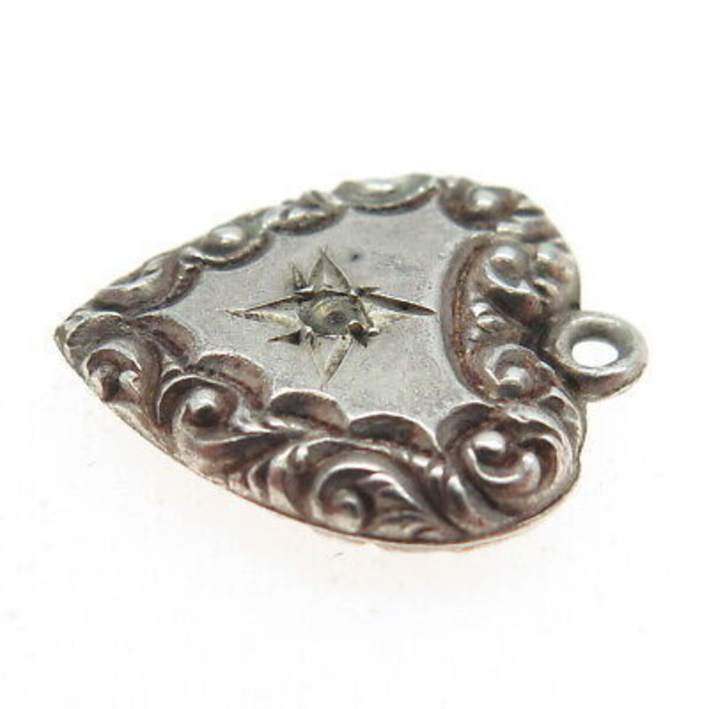 925 Sterling Silver Antique Victorian Repousse Heart Pendant (missing stone) - Picture 5 of 7